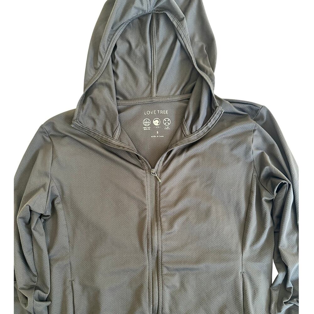 Love Tree Black Hooded Jacket Sheer Mesh Back & Sleeve Zip Up Lightweight